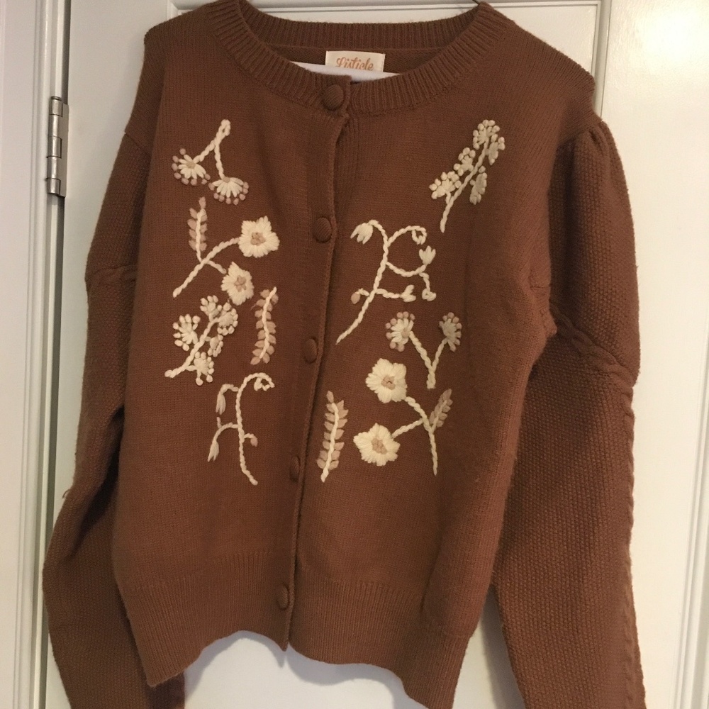 Embroidered Cardigan with Covered Buttons